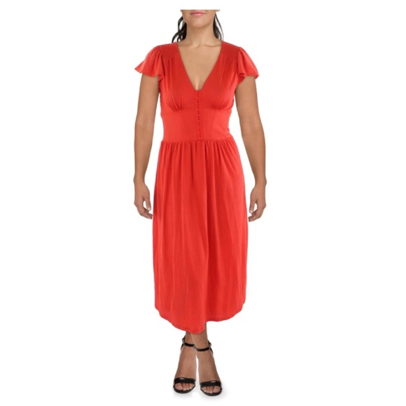 BETSEY JOHNSON Corsey Flutter Sleeve Midi Dress Size Large Valiant Poppy - Picture 2 of 12